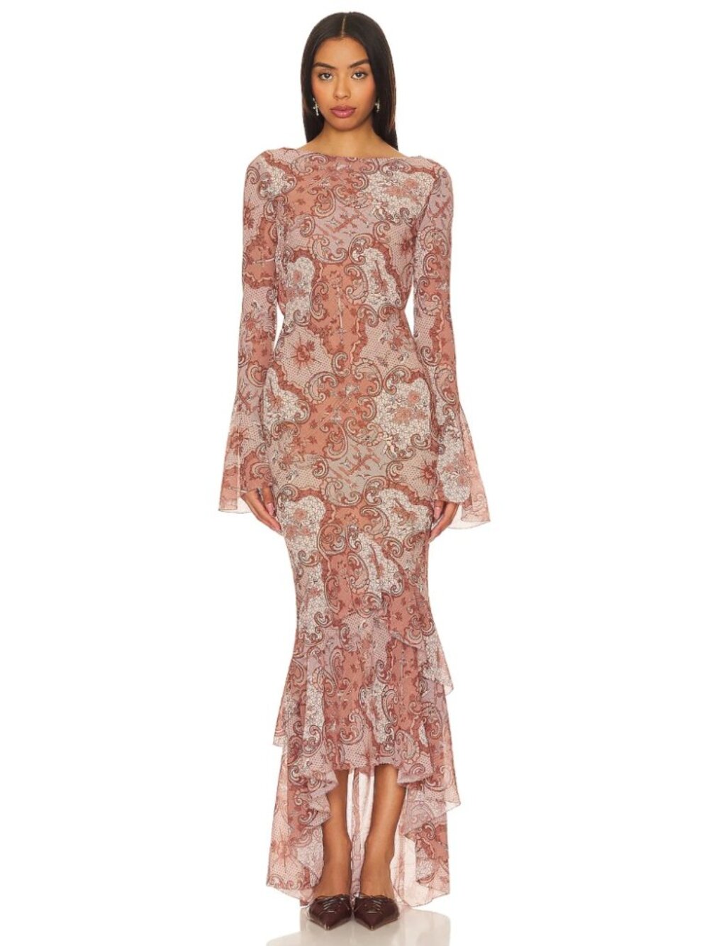 Loba Mencia Maxi Dress Mauve Backless Bell Sleeve High Low Boho Whimsical Sz XS